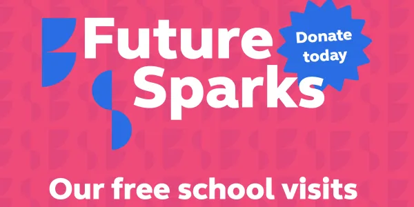 A graphic image with white writing on a pink background reading 'Future Sparks - our free school visits programme'
