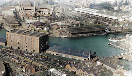 Archive photo of Bristol harbour taken in 1921, showing our site as a railway goods shed