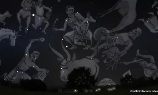 Illustrations from mythologies drawn over constellations 