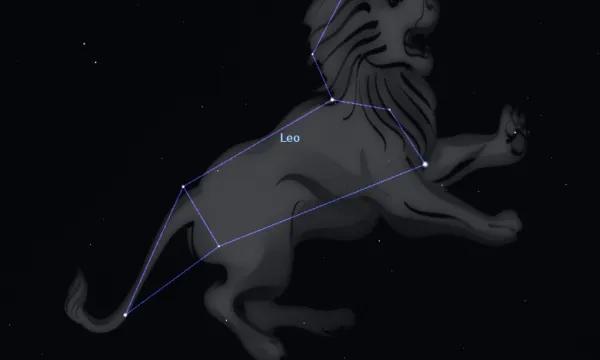 A view of the starry sky with lines joining up the stars in Leo and an illustration of a lion over the constellation.