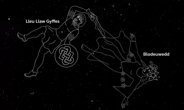 Outlines of the Welsh hero Lleu Llaw Gyffes and his wife Blodeuwedd on a starry night sky background.  Lleu is dressed as a celtic warrior and Blodeuwedd is wearing a floaty dress with a large flower in her hair.