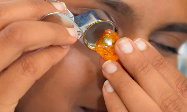 a close up of a person looking at a piece of amber close to their face with an eye lens 