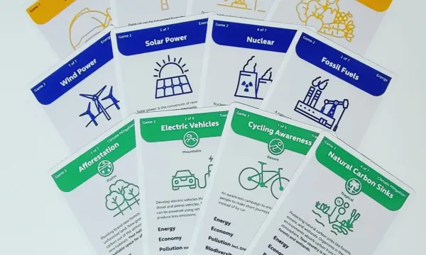 A set of game cards with different names and colours, for example: Oil Drilling in yellow, Solar Power in blue, and Cycling Awareness in Green 