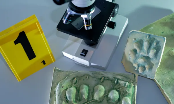 A microscope, some animal footprint casts, and a yellow number 1 sign