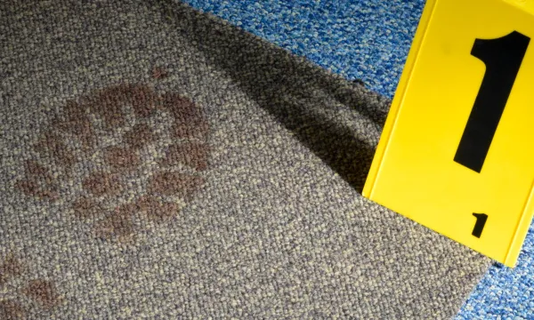 A bloody footprint on carpet next to a yellow evidence sign with the number 1 on it