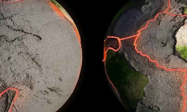 2 models of Earth with orange lines showing the tectonic plate boundaries 