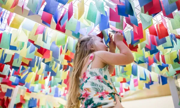 A child being lifted high up to be able to look at colourful tags filled with questions