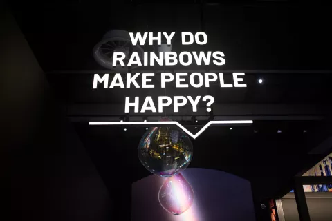 A text display that reads why do rainbows make people happy?