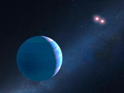 An exoplanet orbiting two red dwarf stars. The planet is bright blue in colour.