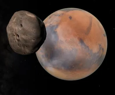 CG model of a small rocky moon passing in front of Mars