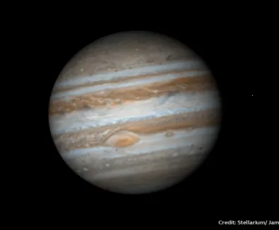Photograph of Jupiter.  Coloured bands of gas and the great red spot visible.