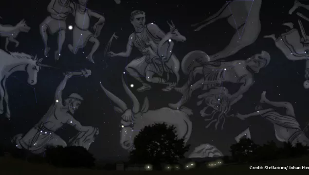 Illustrations from mythologies drawn over constellations 