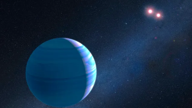 An exoplanet orbiting two red dwarf stars. The planet is bright blue in colour.