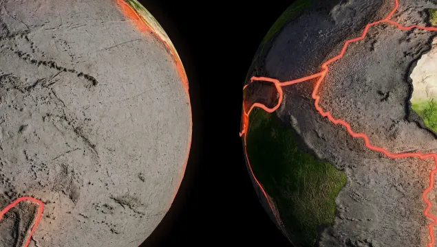 2 models of Earth with orange lines showing the tectonic plate boundaries 