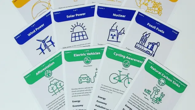 A selection of yellow, blue, and green cards with different names, e.g. fossils fuels, cycling awareness, palm oil 