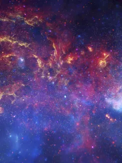 a matched trio of images of the central region of our Milky Way galaxy. Full of reds, yellows and blues.