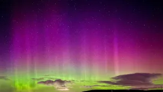 The Aurora Borealis, with pink and purples that fade into neon green.