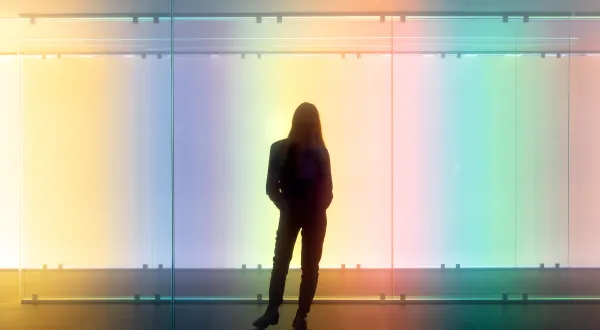 A sillhouete of a woman standing infront of a multi-coloured perspex wall