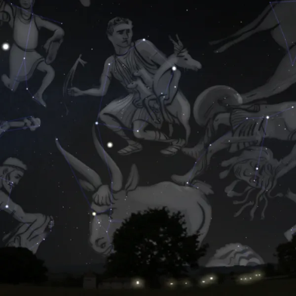 Illustrations from mythologies drawn over constellations 