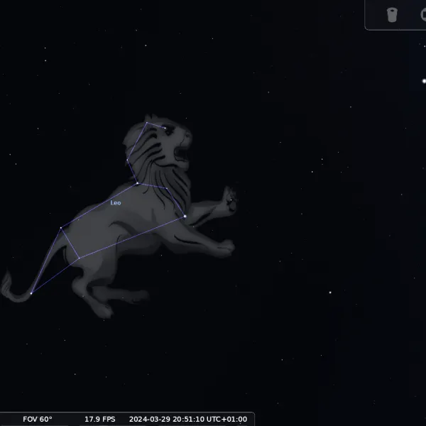 A view of the starry sky with lines joining up the stars in Leo and an illustration of a lion over the constellation.