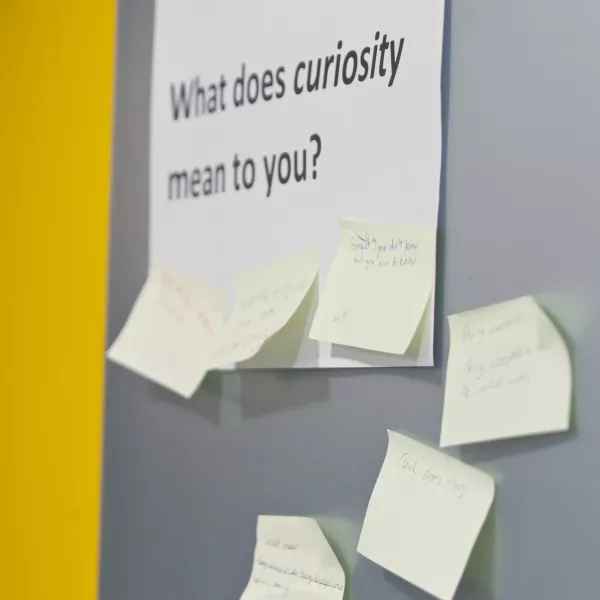 A sign reading 'what does curiosity mean to you?' with post-it notes around it