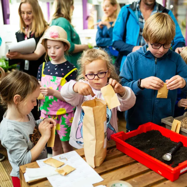 An group of children are in a greenhouse playing with soil in plastic containers and paper bags.